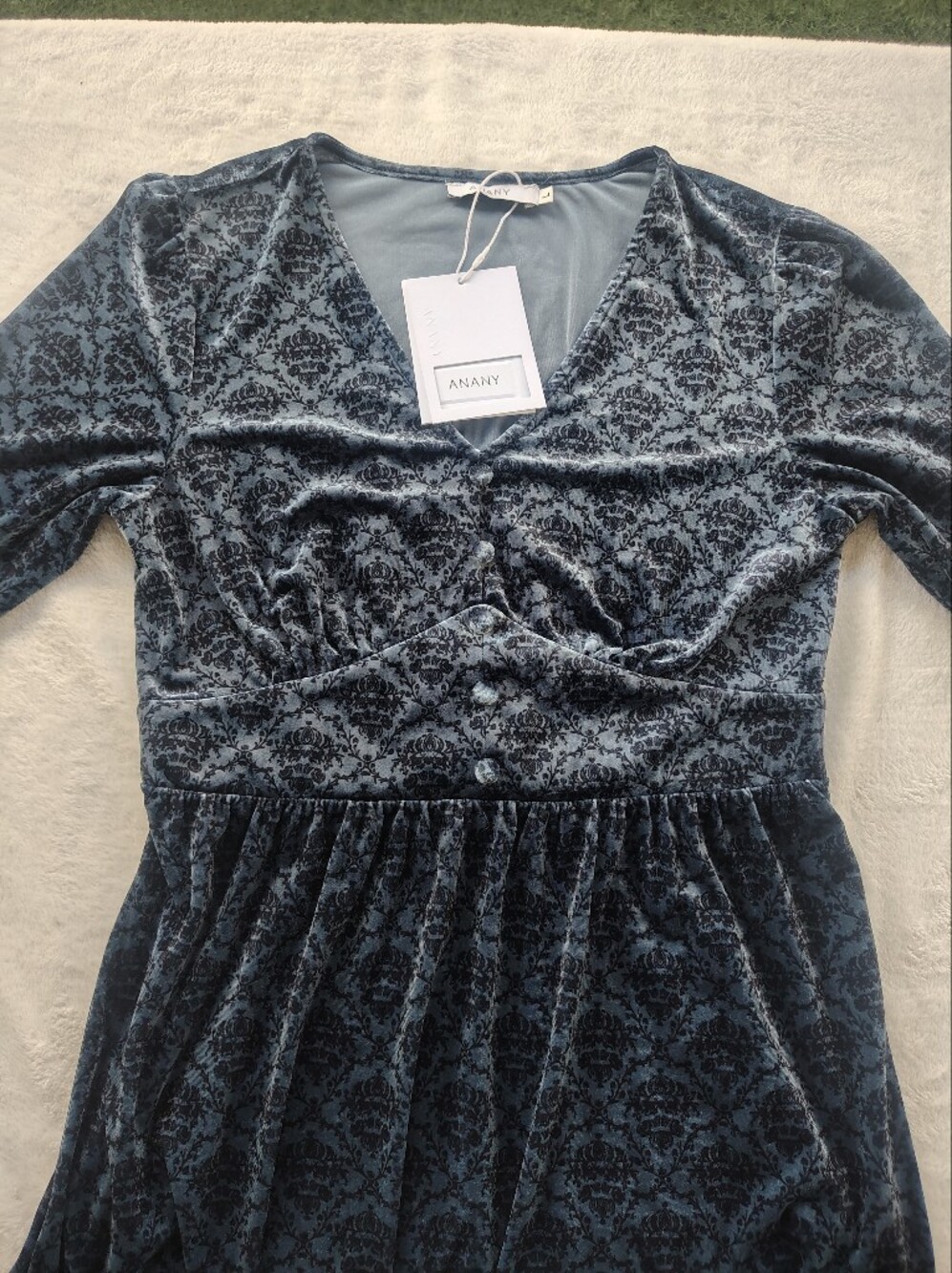 ANANY Blue Velvet Damask V-Neck Long Sleeves Dress